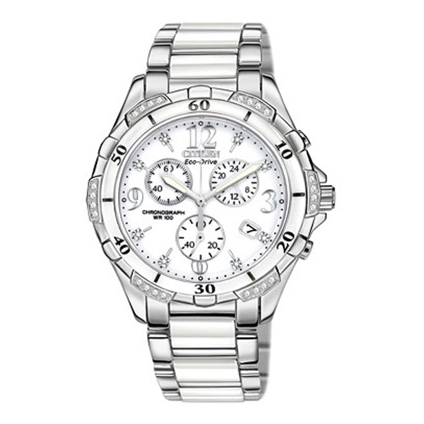 Citizen Women’s Chronograph Eco-Drive Diamond Accent Stainless Steel and White Ceramic Bracelet Watch 40mm, stylish and light-weight.