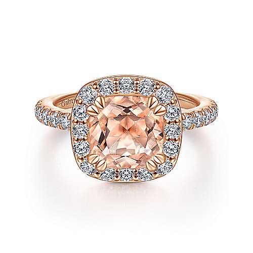 14K Rose Gold Morganite and Diamond Halo Engagement Ring - designed by Jewelry Designers Gabriel & Co., New York. Passion, Love & You.