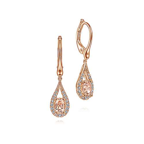 14K Rose Gold Teardrop Morganite and Diamond Drop Earrings - designed by Jewelry Designers Gabriel & Co., New York. Passion, Love & You.