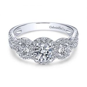 14K White Gold Round Three Stone Halo Diamond Engagement Ring - designed by Jewelry Designers Gabriel & Co., New York. Passion, Love & You.