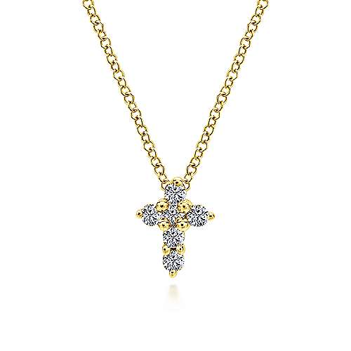 14K yellow gold diamond cross pendant necklace, a petite gold and diamond cross embellishes this beautifully polished gold necklace.