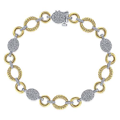 14K Yellow-White Gold Plain and Twisted Rope Link Bracelet with Pavé Diamond Cluster Stations - designed by Jewelry Designers Gabriel & Co., New York. Passion, Love & You.