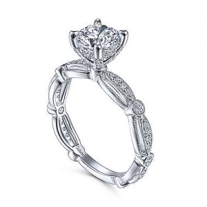 Vintage Inspired 14K White Gold Round Diamond Engagement Ring - designed by Jewelry Designers Gabriel & Co., New York. Passion, Love & You.