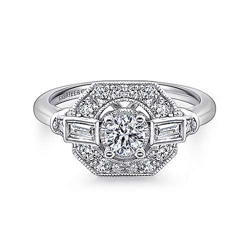 Art Deco 14K White Gold Octagonal Halo Round Diamond Engagement Ring - designed by Jewelry Designers Gabriel & Co., New York. Passion, Love & You.