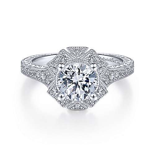 Unique 14K White Gold Art Deco Halo Diamond Engagement Ring - designed by Jewelry Designers Gabriel & Co., New York. Passion, Love & You.